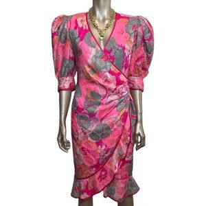 Vintage 80s Flora Kung 💯 Silk Floral Wrap Dress in Pink and Gray